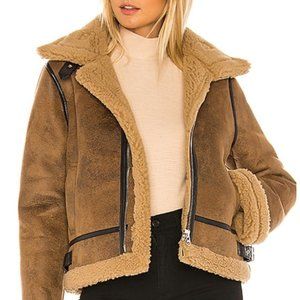 J.O.A. fur moto jacket, tan/brown leather piping S